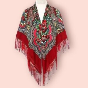 ПЛАТОК Ethnic Russian Retro Fringe Wool Blend  Square  Oversized Scarf New